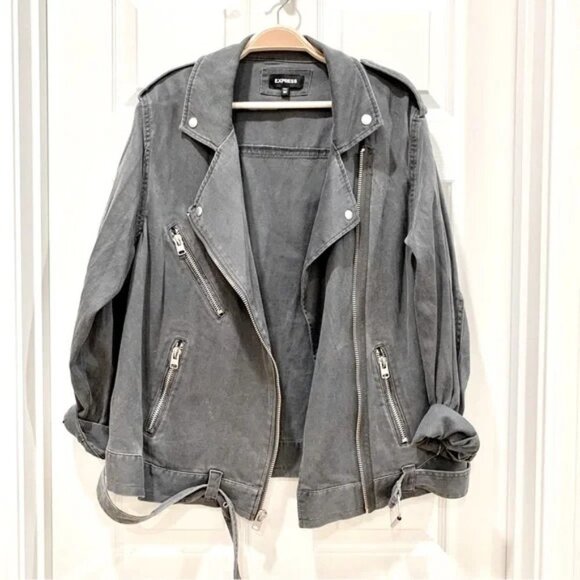 NWOT Express Grey Oversized Twill Soft Cotton Lyocell Moto Biker Jacket - Picture 1 of 5